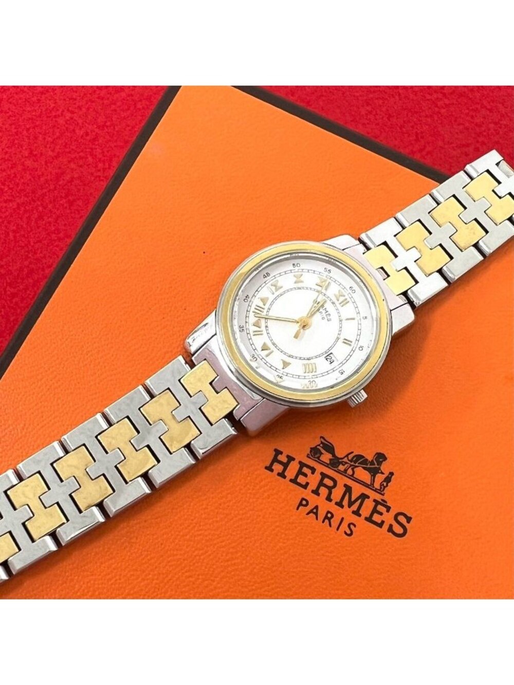Hermes Carrick Stainless Steel Quartz Watch Wrist Silver Gold